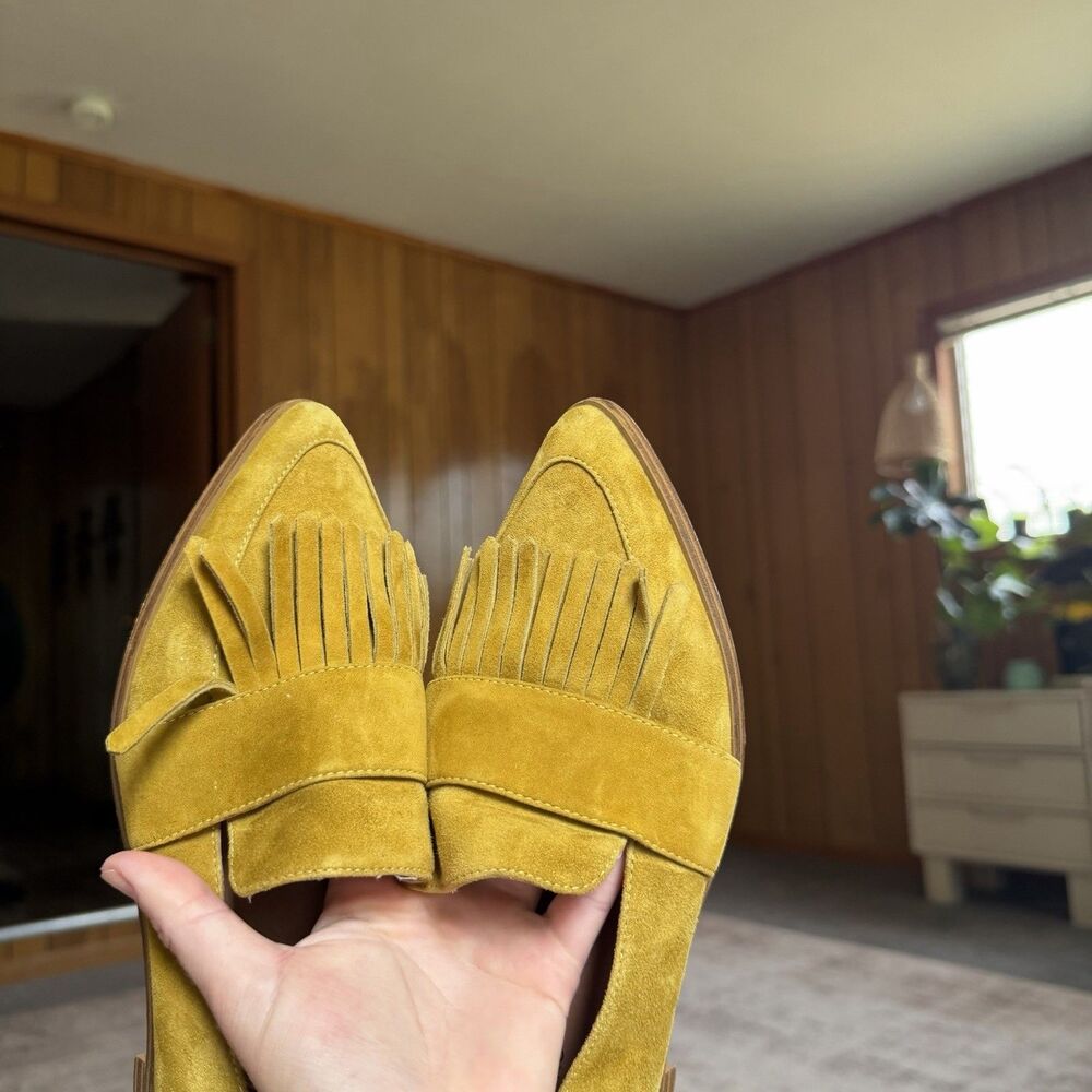 Matiko Anthropologie Suede Leather Loafers Mustard Size 38 Fringe Pointed Toe - Picture 2 of 10